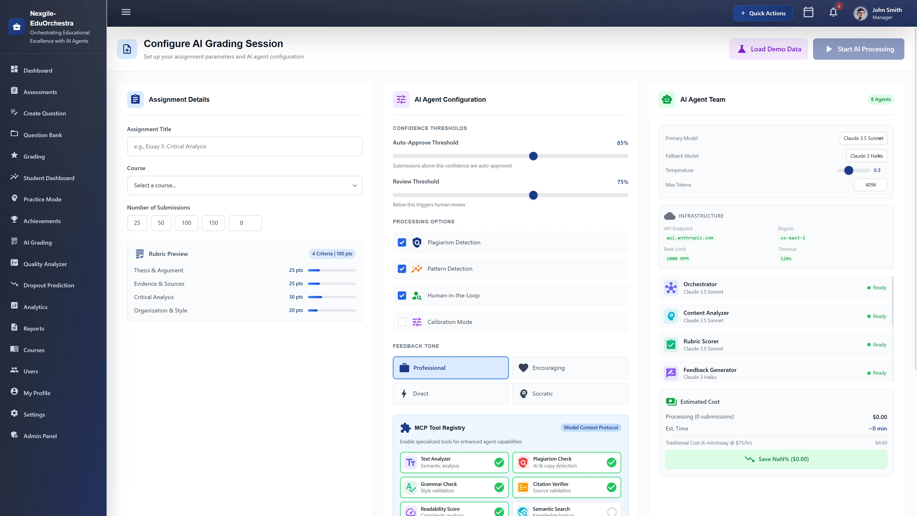 Configure AI Grading Session - Assignment setup with AI agent configuration, confidence thresholds, processing options, feedback tone selection, and MCP tool registry